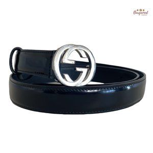 Authentic Gucci Black Coated Calfskin Leather Interlocking G Buckle Belt 90/36
